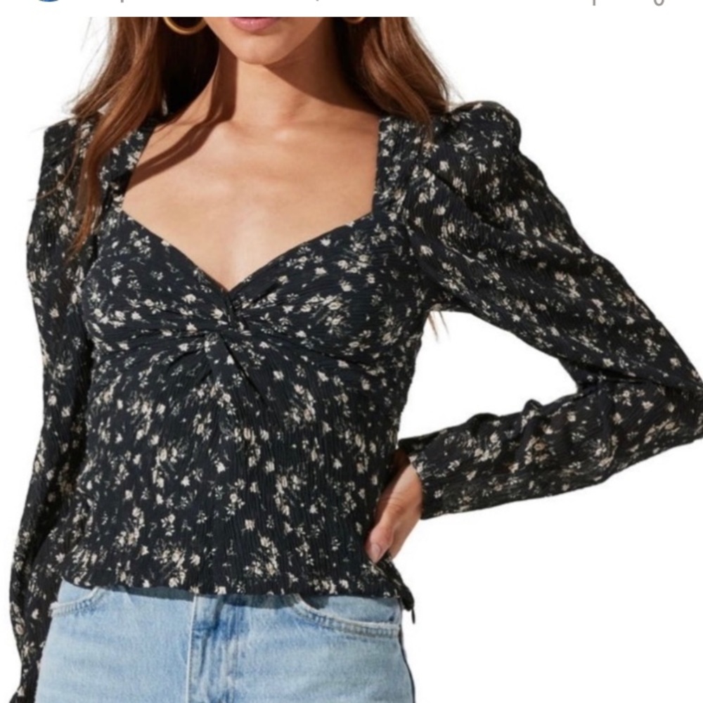 ASTR the label blouse black ivory floral blouse puffy sleeves long size M sheer
